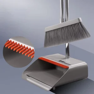 Professional Self cleaning Broom Set Featuring Orange Scraper Teeth 180 Degree Swivel Head and Seamless Floor Contact