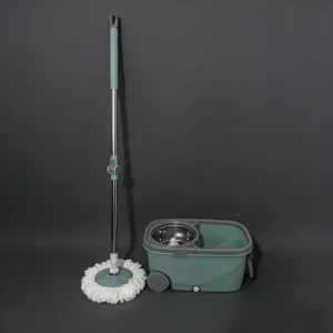 Promotional Hot selling Spin Floor Cleaning Mop Set with Bucket Silicone Wiper Stainless Steel Pole 2 Mopheads
