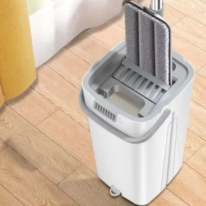 Rectangle Flat Mop Cleaning Set with Steel Pole, Self-Wringer, Microfiber Mop, Plastic Basket and Refillable Pads