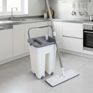 Rectangle Flat Squeeze Microfiber Mop and Plastic Basket Set with Bristle Brush for Home and Office
