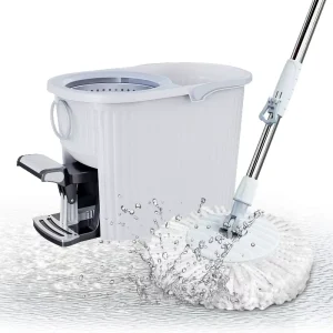Ribbed Foot Pedal Spin Mop and Bucket Set with Stainless Steel Wringer 360 Rotating Floor Cleaning System for Hardwood Tile