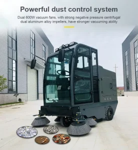 Ride-On Street Sweeper with Automatic Cleaning and Dust Control System