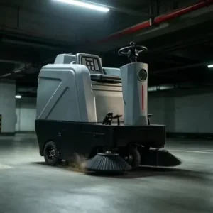 Ride-On Sweeper for Underground Parking Garages and Concrete Floors