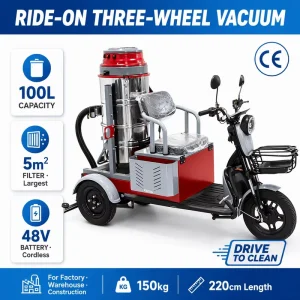 Ride-On Three-Wheel Industrial Vacuum 130L 5m² Filter 48V Battery Stainless Steel for Factory Warehouse CE