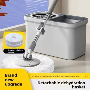Rotating Roller Wringer Self-Rotating Round Mop with Metal Handle and Double Bucket