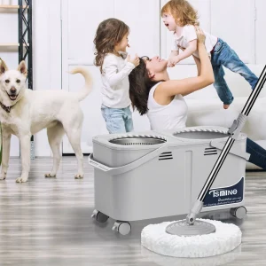 Round Mop and Bucket Set with Wheels, Separate Clean and Dirty Water, Floor Wringing and 360 Degree Spin Mop