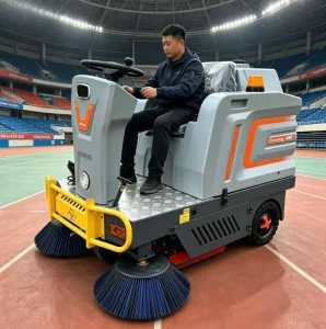 SP-1300 Ride-On Sweeper with Dual Side Brushes for Warehouse and Freight Yard Cleaning
