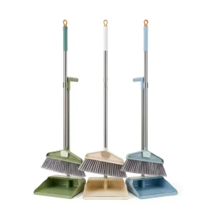Self-Cleaning Broom and Dustpan Set Stainless Steel Long Handle Hair-Filtering Comb Teeth