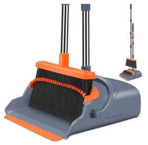 Self-Cleaning Broom and Dustpan Set with Long Handle and Teeth, Plastic Head for Home Use