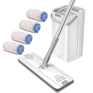 Self Cleaning Flat Mop with Bucket Microfiber Pad & Free Hand Squeegee for Floor Cleaning