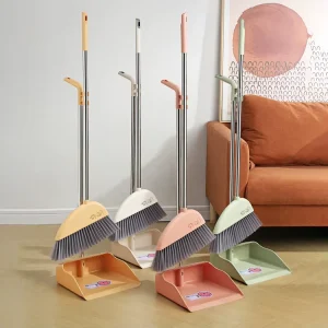 Self-Cleaning Stainless Steel Pet-Friendly Stand-Up Broom and Dustpan Set for Indoor and Outdoor Use