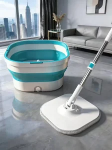 Self-Washing Spin Flat Mop and Bucket with Steel Pole, 360 Rotating Microfiber Fabric, and Telescopic Handle