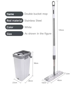 Self-Wringing Dual-Bucket 360-Degree Rotating Stainless Steel Telescopic Microfiber Flat Mop Set with Wheels