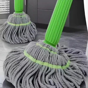 Self Wringing Flat Mop with Steel Pole Blended Yarn Hands Free Household Dust Cleaning Tool for Floor Washing