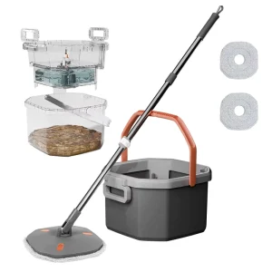 Self-Wringing Flat Squeeze Mop and Bucket System with Washable Microfiber Pads for Tile