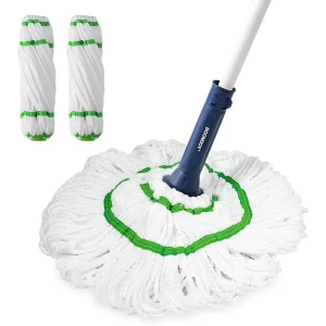 Self-Wringing Mop with Long Handle and 2 Washable Microfiber Heads for Kitchen, Hardwood and Home Office Floors