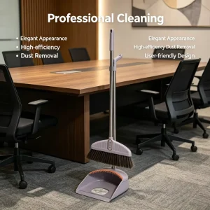 Soft Bristle Long Handle Broom and Dustpan Set with Integrated Comb Teeth