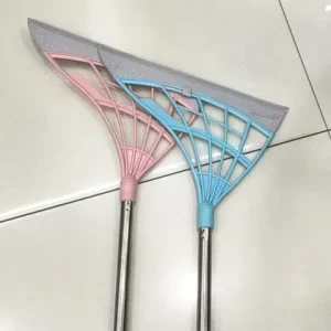 Soft Mane Bathroom Broom with Aluminum Dustpan and Plastic Handle, Water Drainage