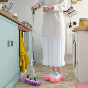 Soft Microfiber Dust Mop with Reusable Washable Shoe Covers, Aluminum Pole, and Plastic Basket