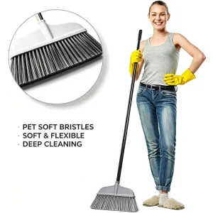 Soft PET Bristle Indoor Floor Broom with Ergonomic Long Handle Lightweight Household Sweeping Tool