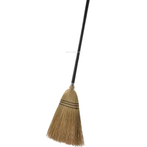 Solid Wood-Handle Broom with 100% Natural Broom Corn Bristles for Garage and Patio Cleaning