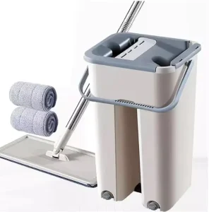 Spin Dry Flat Mop and Bucket Set with Stainless Steel Pole, Removable Handle, and Hands-Free Wash Function