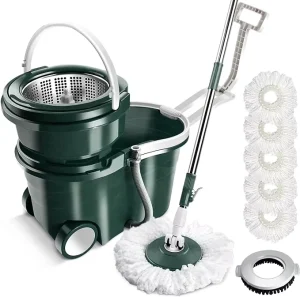 Spin Mop Bucket and Wringer Set with Stainless Steel Adjustable Handle, 5 Microfiber Mop Heads and 2 Wheels