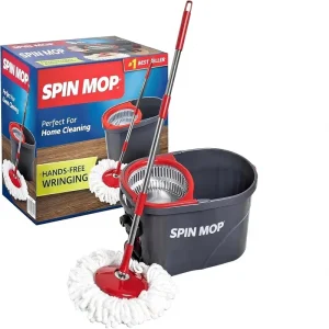 Spin Mop Cleaning System with Stainless Steel Pole, 2 Microfiber Mop Heads, Hands-Free Pedal Wringing