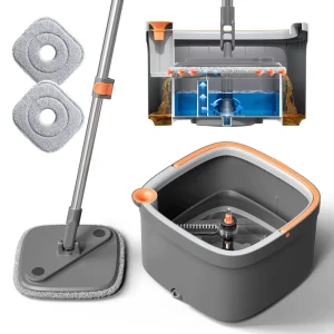 Spin Mop and Bucket Set with 2 Replaceable Microfiber Mop Pads with Self Separation Dirty and Clean Water System