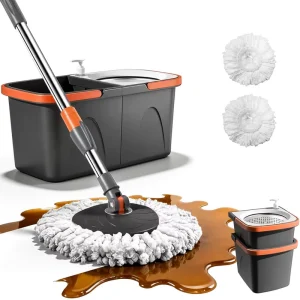 Spin Mop and Bucket Set with Stainless Steel Handle and Spin Basket for Floor Cleaning