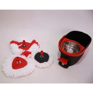 Spin Mop with Swivel Handle and Bucket Floor Cleaning System, Red and Gray, Plastic Basket