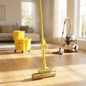 Sponge Mop with Self-Wringer and Stainless Steel Tray for Tile Floors and Bathrooms