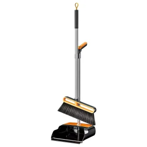 Stainless Steel Broom and Dustpan Set with Soft Bristles Rotating Folding Design Wet Dry