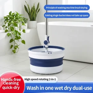 Stainless Steel Extendable Mop with Self-Wringer, Reusable Microfiber Mop and Durable Plastic Bucket for Home and Office
