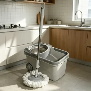 Stainless Steel Extended-Handle Mop and Bucket System with 360-Degree Rotating Microfiber Mop and Refills