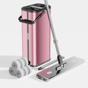 Stainless Steel Flat Mop and Bucket Set with Self-Wringing Extendable Handle