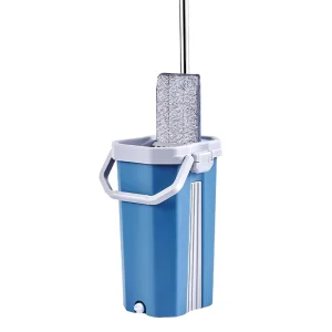 Stainless Steel Handle Household Floor Cleaning Flat Mop with Squeeze Function 2 Washable Microfiber Pads and Bucket Set