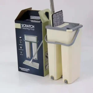 Stainless Steel Handle Microfiber Flat Mop and Bucket Set, Hands-Free Self-Wringing, for Wet and Dry Floor Cleaning