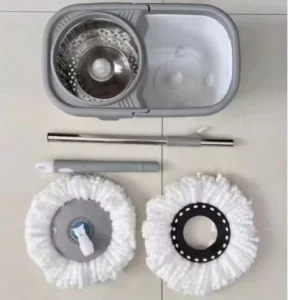 Stainless Steel Mop and Bucket Set with Extendable Handle, Metal Basket, and 2 Mop Heads
