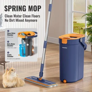 Stainless Steel Mop and Bucket Set with Handle, 2 Refills, and Wringer for Dirty-Water Separation