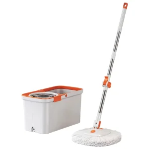 Stainless Steel Pole Flat Mop Set with Microfiber Head, Plastic Tray Bucket and Quick-Dry Wringing