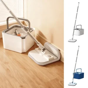Stainless Steel Pole Self-Wringing Square Mop Bucket Set with 2 Replaceable Heads, Foldable Design, Dual Water Tanks, 360-Degree Spin