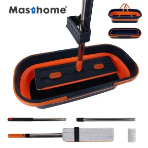 Stainless Steel Pole Wet Flat Mop Set with Reusable Pads and Bucket