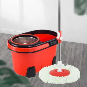 Steel Basket Plastic Bucket Microfiber 360 Spin Mop Set Red