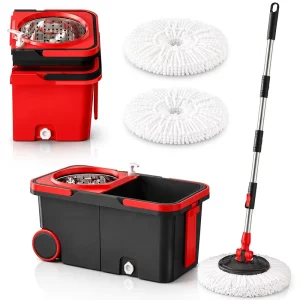 Steel Microfiber Flat Mop Plastic Basket Set with Four-Side Wringing, 2 Mopheads