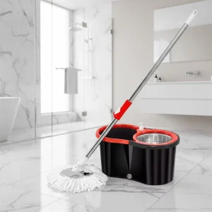 Steel-Pole Microfiber Mop and Bucket Set with Four-Side Wringing, Lightweight, with 2 Mop Heads for Bathroom and Kitchen Floors