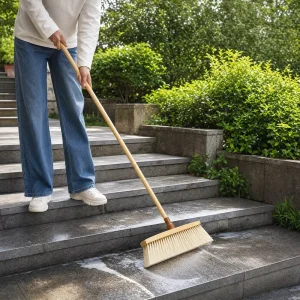 Stiff Bristle Long Handle Floor Brush, Bamboo Push Broom for Concrete, Marble, Deck, Patio, Stone and Outdoor Stairs