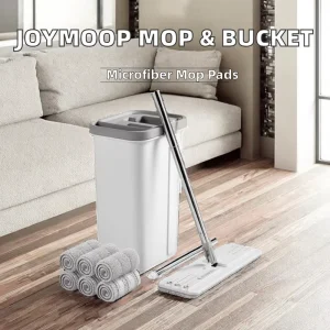 Telescopic Long Handle Flat Mop Bucket Set with Wringer White 6 Microfiber Cloths High Capacity for Floor & Wall Cleaning