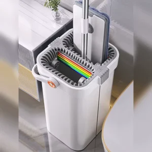 Telescopic Microfiber Flat Mop with Steel Bucket, Hands-Free Squeeze System, 7 Scrapers, Drainer, and Pads
