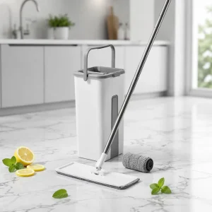 Telescopic Steel 360-Degree Flat Squeeze Mop Bucket with Plastic Basket